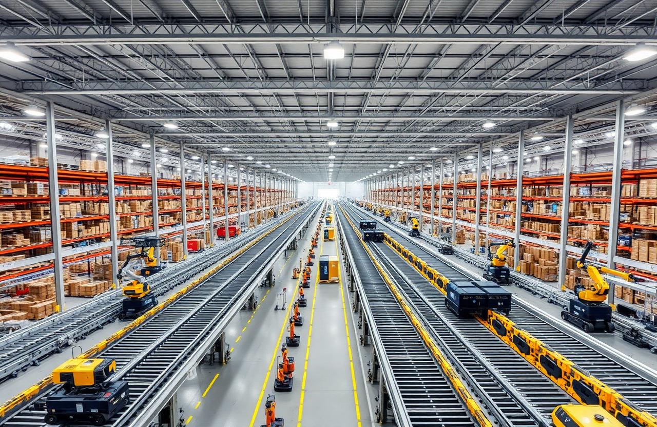 Top-down view of an automated European fulfillment center with conveyors and robots