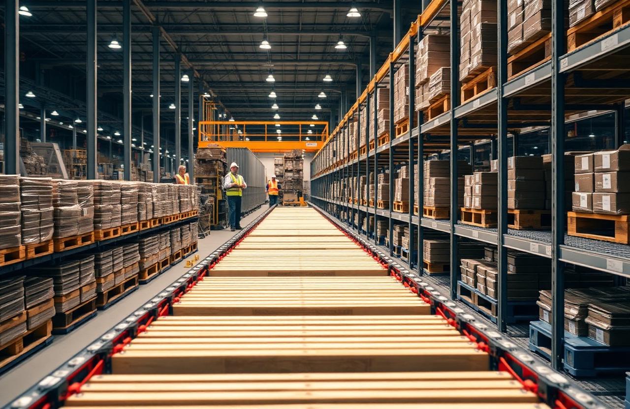 A modern, energy-efficient industrial conveyor belt system with packages inside a brightly lit, clean European warehouse.