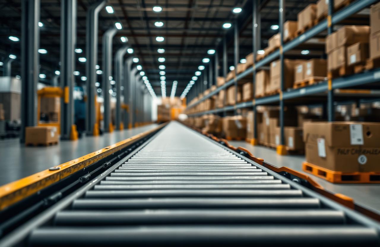 Powered roller conveyor inside a modern European distribution center