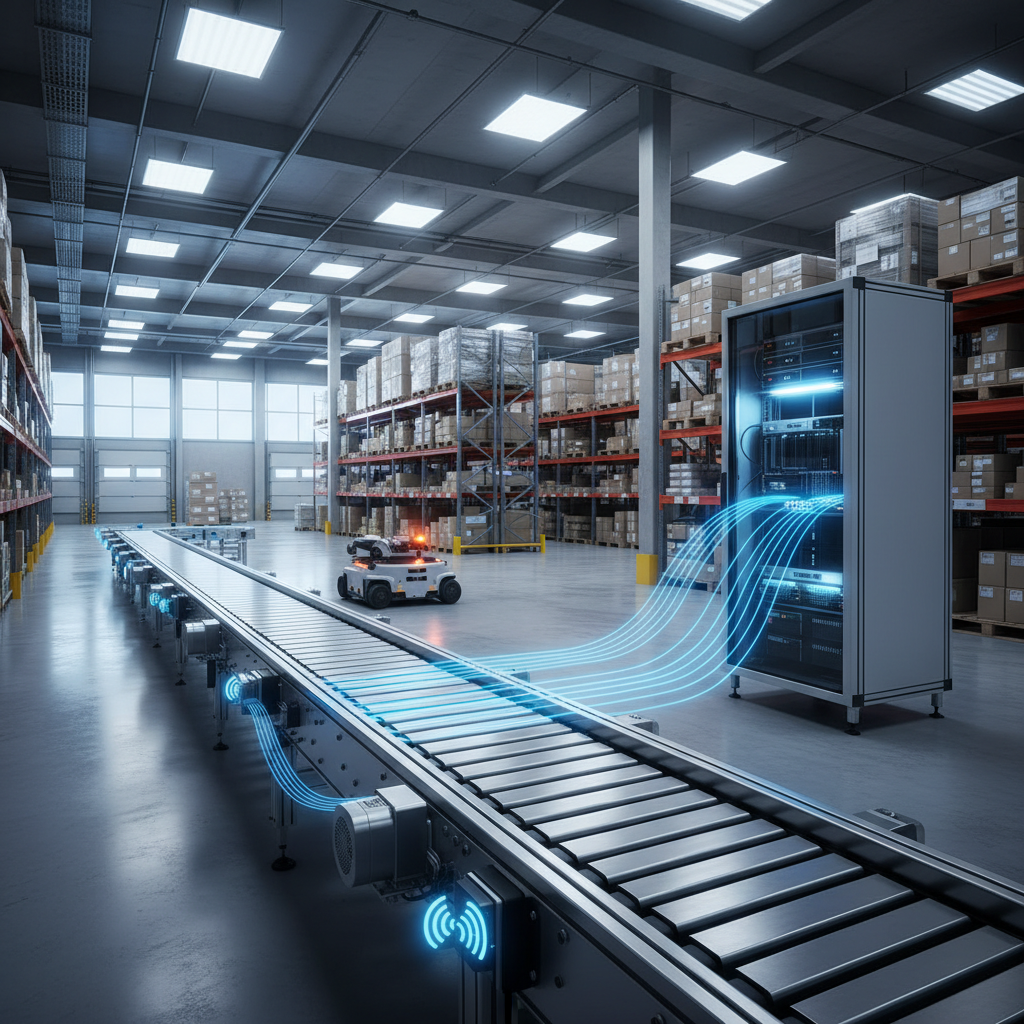 Een modern conveyorsysteem in een magazijn in de Benelux, dat 5G-connectiviteit voor realtime data-analyse illustreert met blauwe lichtstromen.
