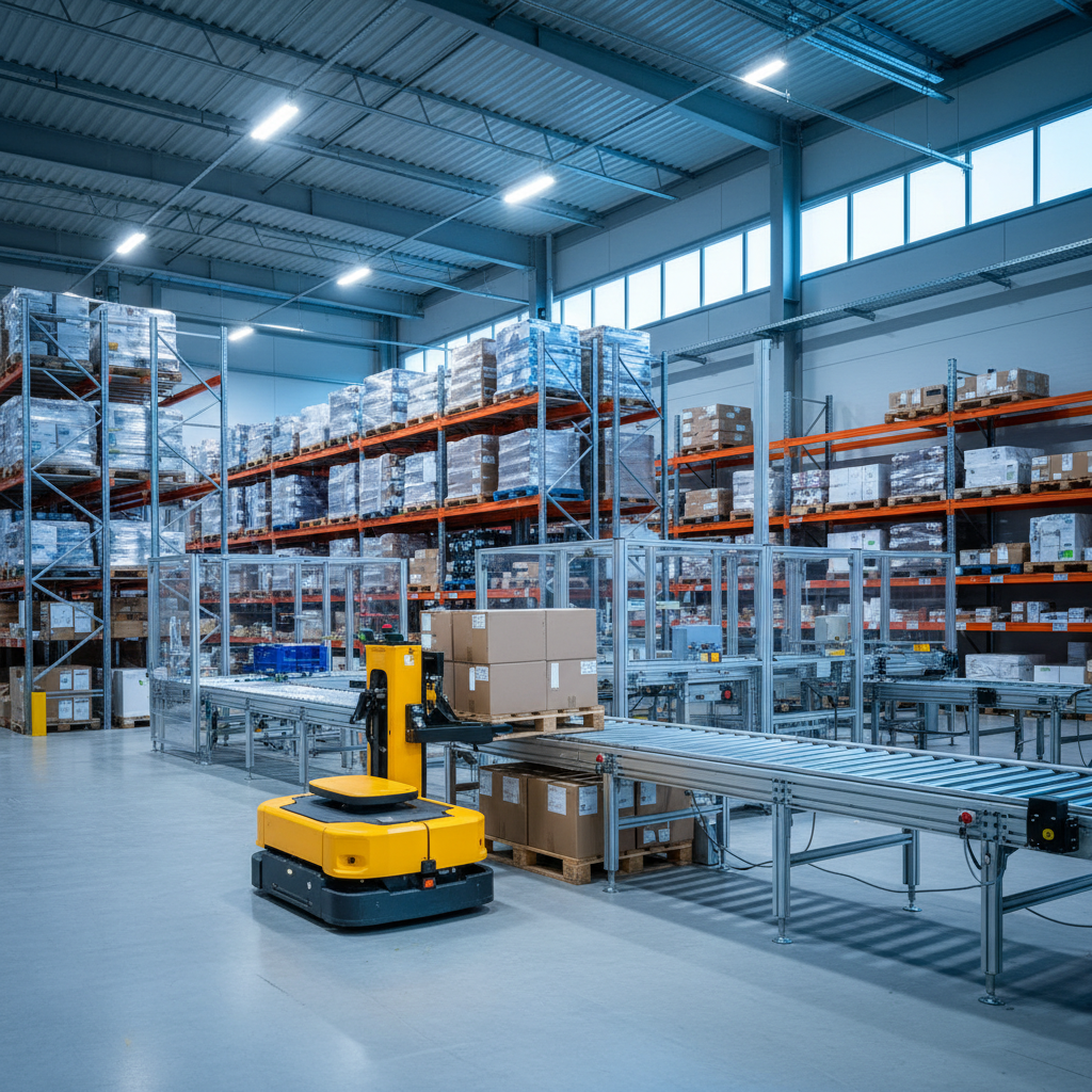 Een gele AGV die een pallet overzet van een rollenbaansysteem in een modern, geautomatiseerd Benelux distributiecentrum.