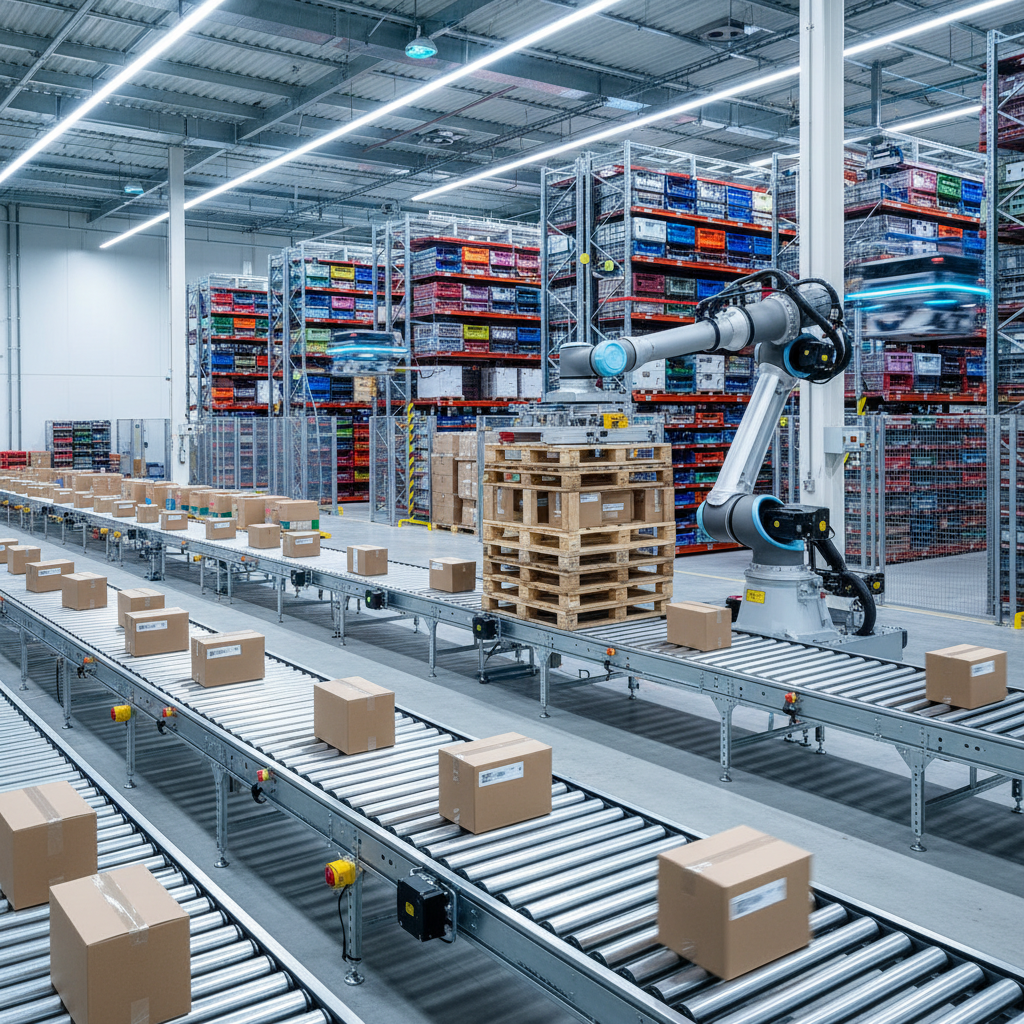 An automated case picking system in a modern Benelux warehouse, showing roller conveyors transporting cases to a robotic palletizing arm.