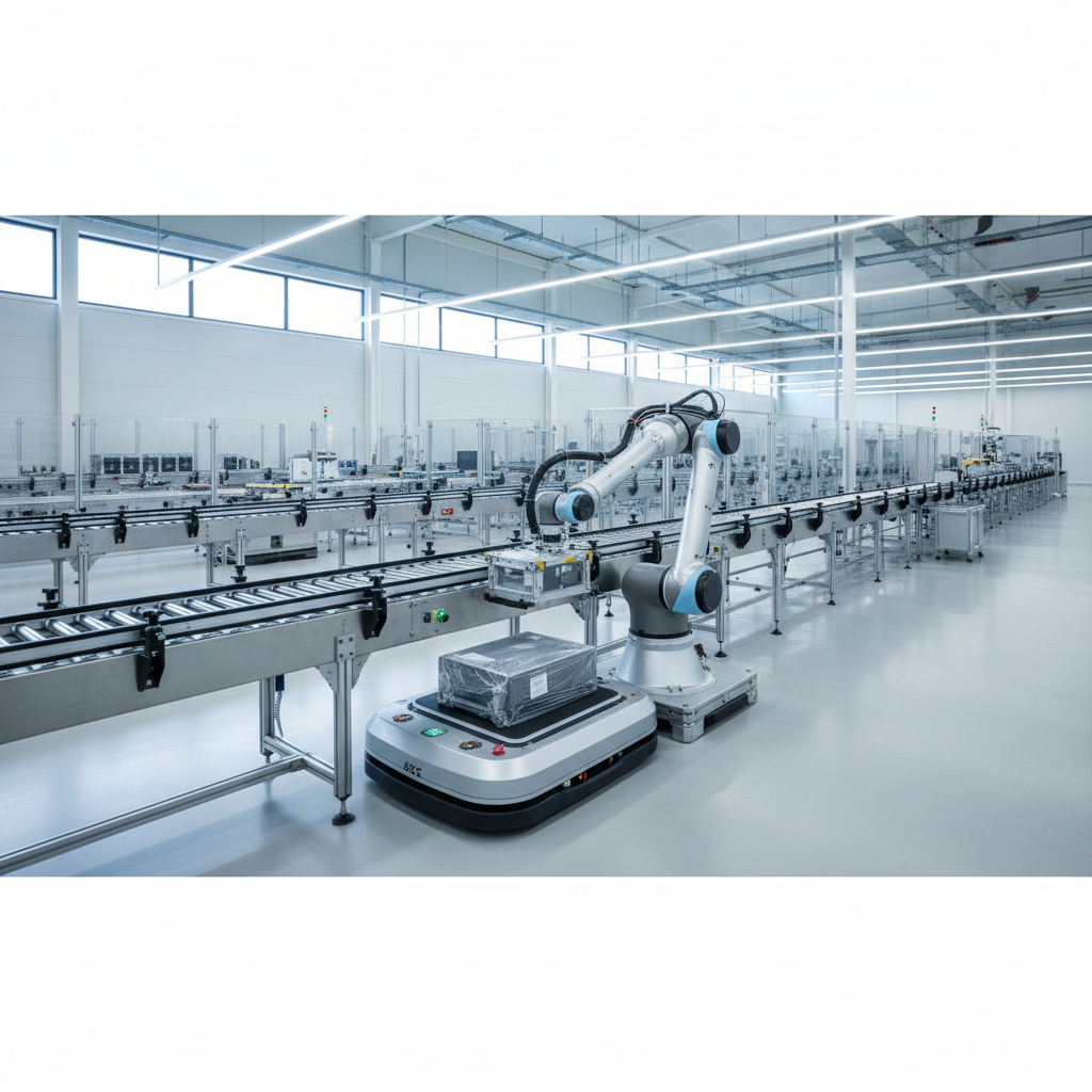 Een geautomatiseerde geleide kar (AGC) ontvangt een pakket van een rollenbaansysteem in een moderne Benelux-productiefac