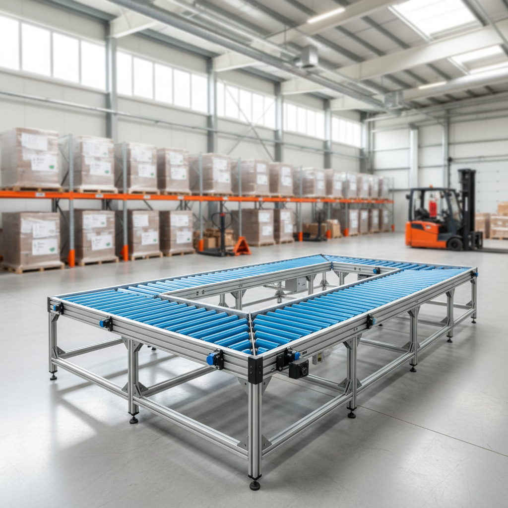 Een modern modulair rollenbaansysteem in een helder, schoon Benelux distributiecentrum, wat duurzame logistieke infrastr