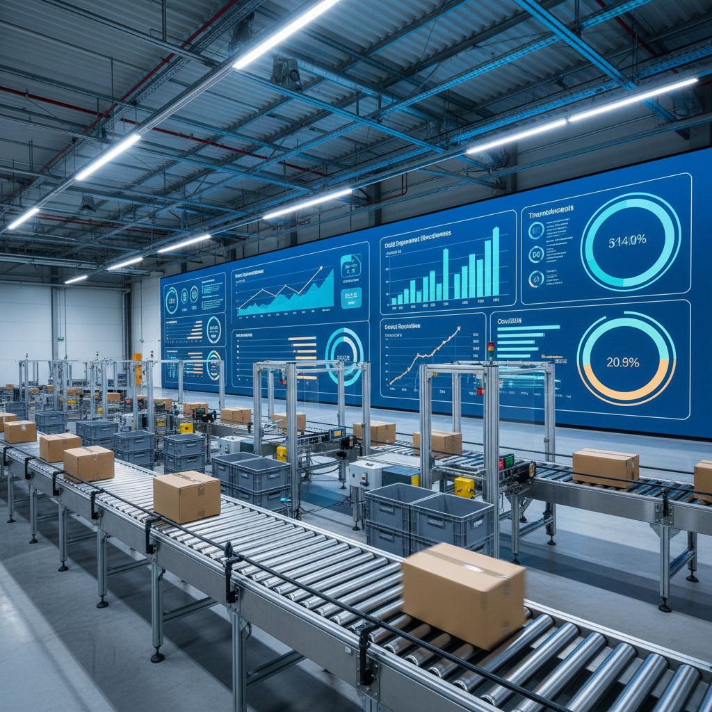 Data-analyse dashboard met prestatiecijfers boven een modern transportsysteem in een Benelux magazijn.