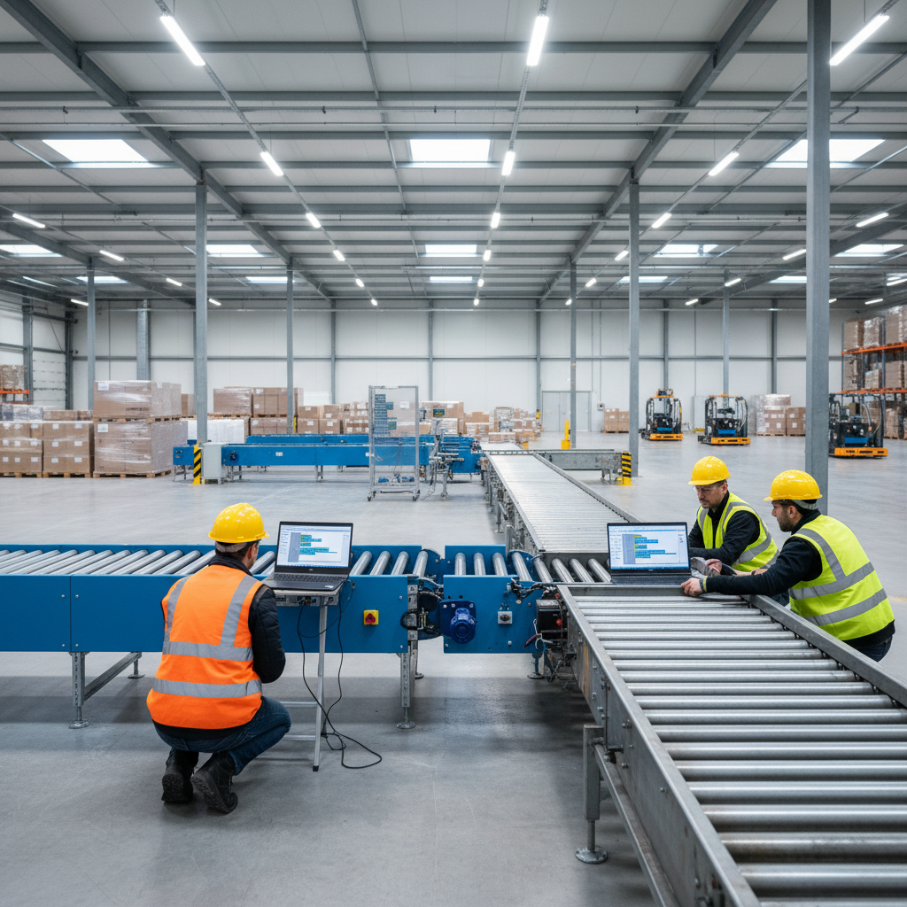 Ingenieurs die een nieuwe modulaire transportband integreren met een bestaand systeem in een modern Benelux magazijn.