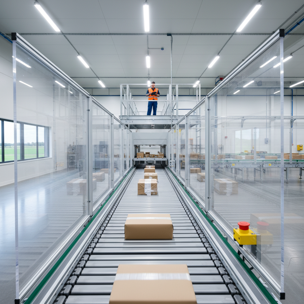 Een modern Benelux-magazijn met een compliant transportsysteem met veiligheidsafschermingen en een noodstopknop.