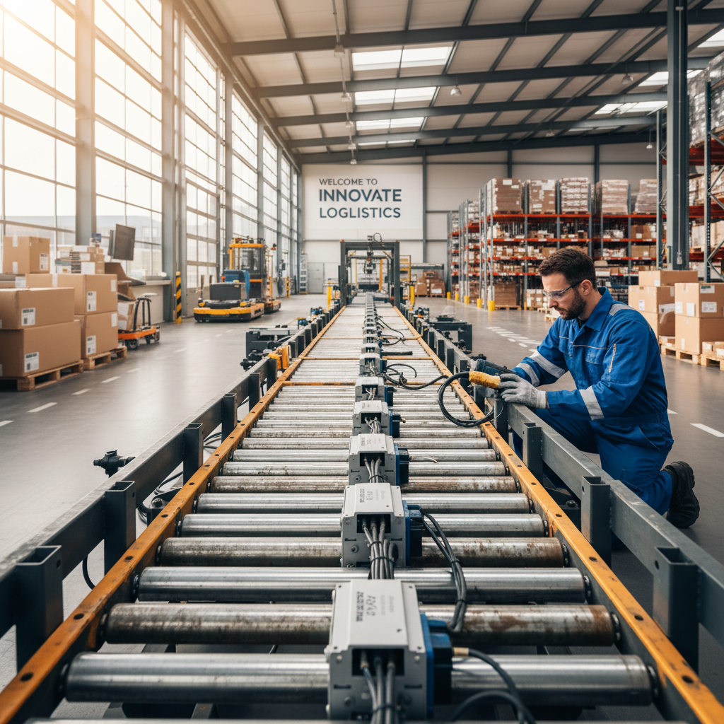 Ingenieur die een rollenbaan transportsysteem moderniseert met 24V gemotoriseerde rollen in een helder Benelux magazijn.