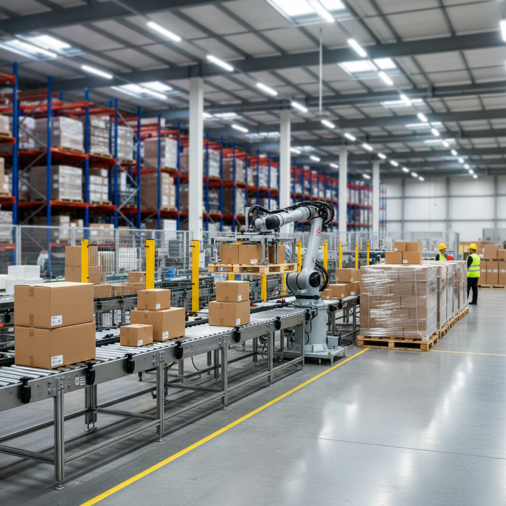Een modern transportbandsysteem dat kartonnen dozen aanvoert naar een robotpalletizer in een schone, efficiënte einde-li