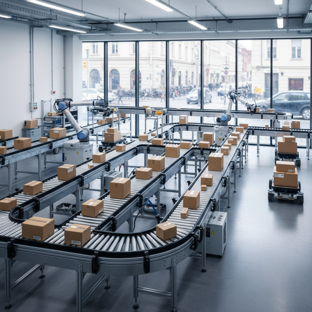 Een modern transportbandsysteem dat pakketten sorteert in een stedelijk micro-fulfilmentcenter in de Benelux.