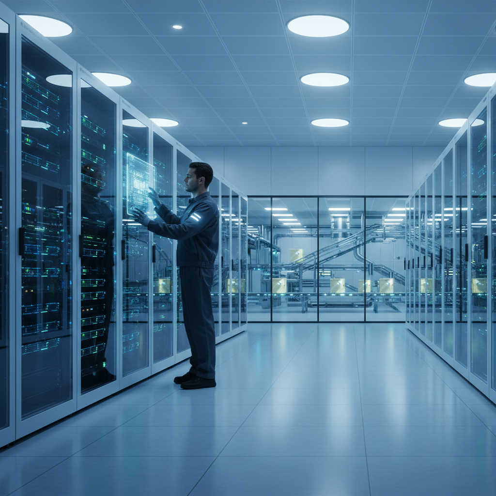 Een netwerkingenieur voert een beveiligingscontrole uit op serverracks die een geautomatiseerd transportsysteem in een m