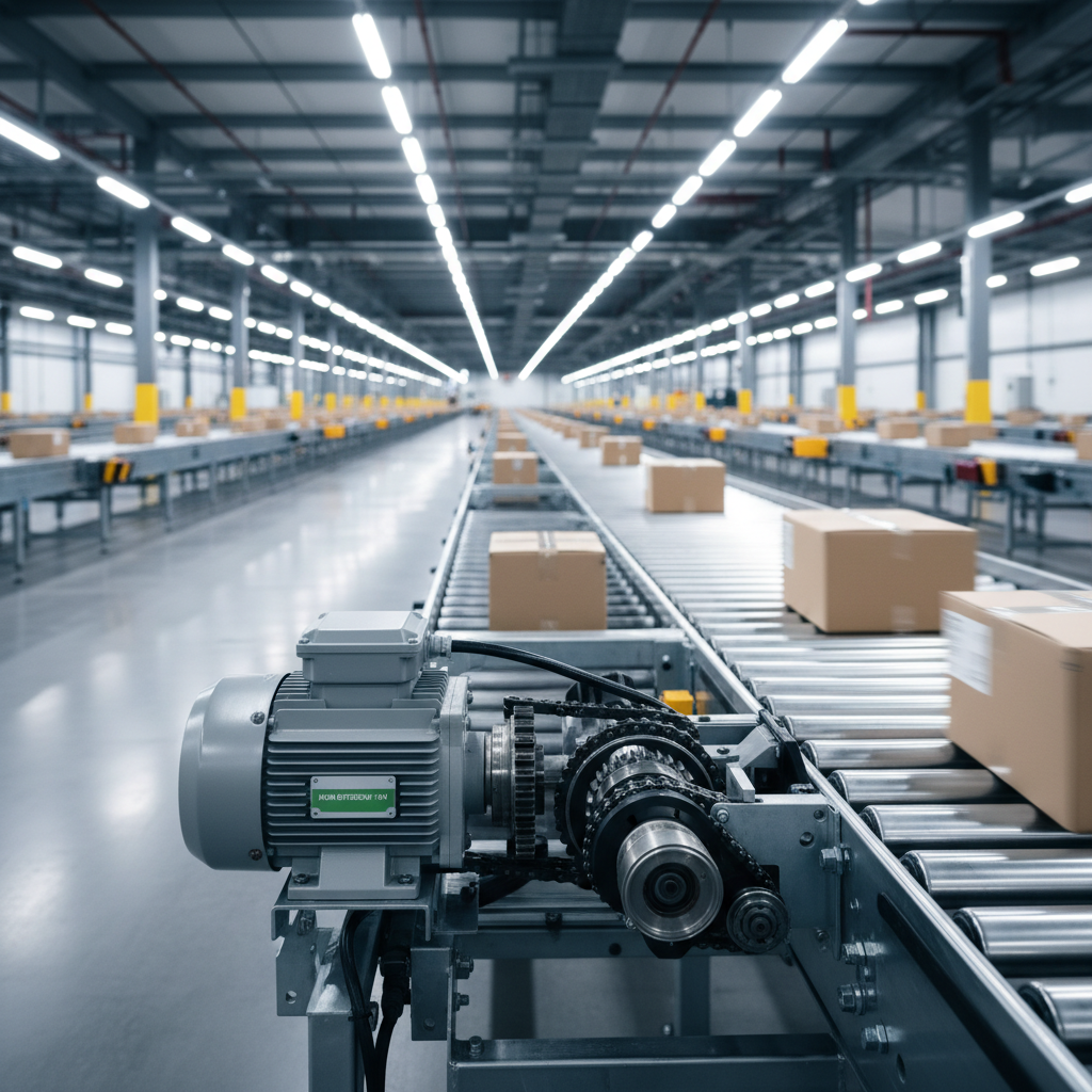 Een modern rollenbaansysteem in een Benelux-magazijn, met een close-up van een energiezuinige motor.