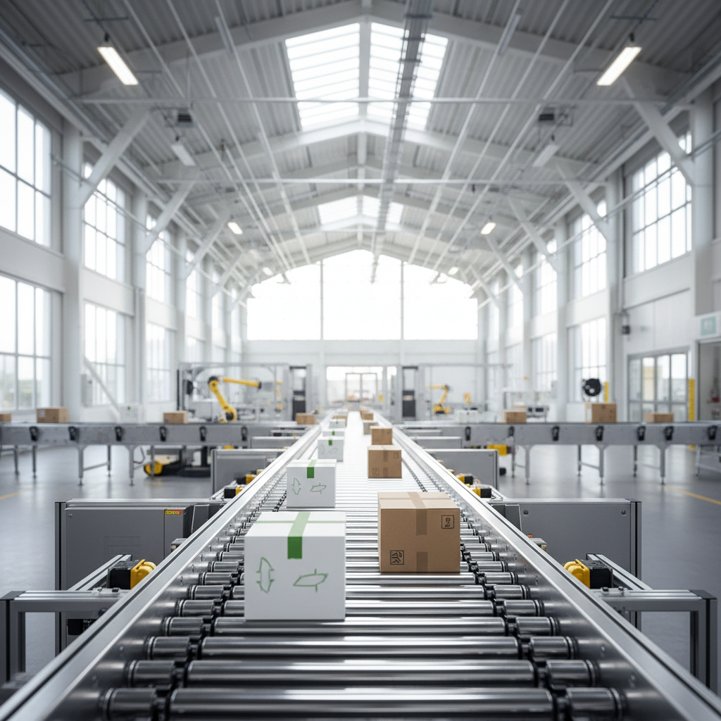 Modern MDR-roltransportsysteem in een Benelux-magazijn, dat energie-efficiënte logistiek toont.