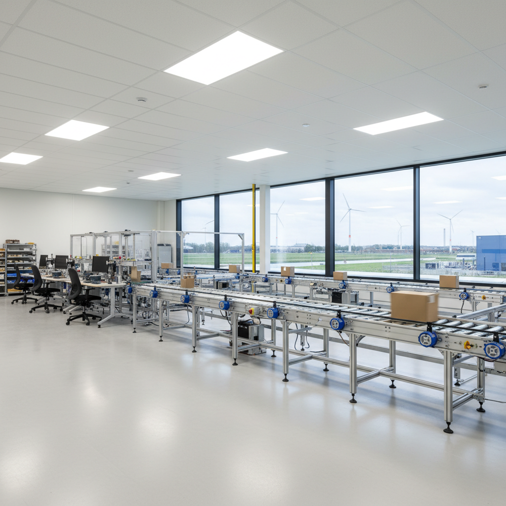 Een modern modulair rollenbaansysteem in een helder verlicht Benelux magazijn, dat het schaalbare en schone ontwerp toon