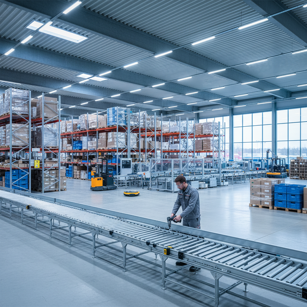 Een ingenieur die een nieuwe module monteert op een schaalbaar rollenbaansysteem in een modern Europees magazijn, wat to