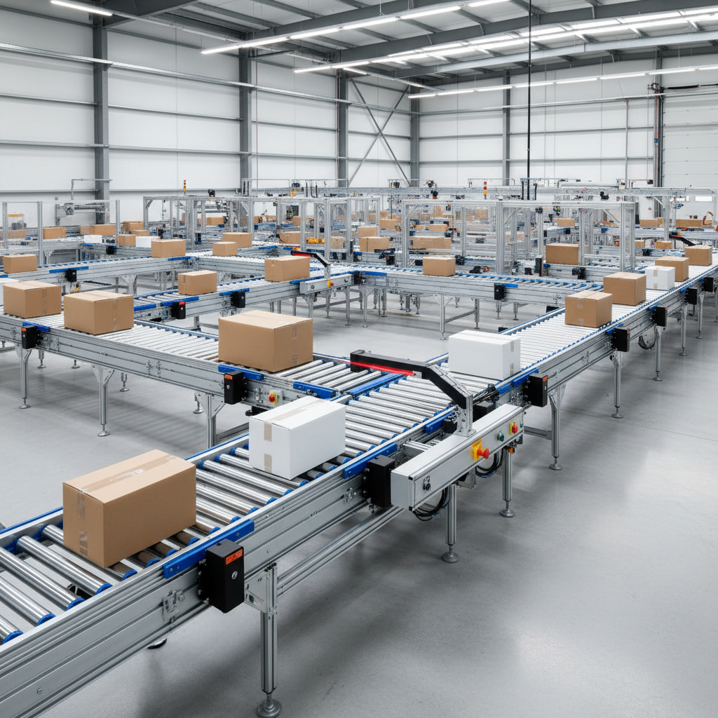 Een complex geleid rollenbaansysteem met meerdere kruisende lijnen dat automatisch kartonnen dozen routeert in een moder