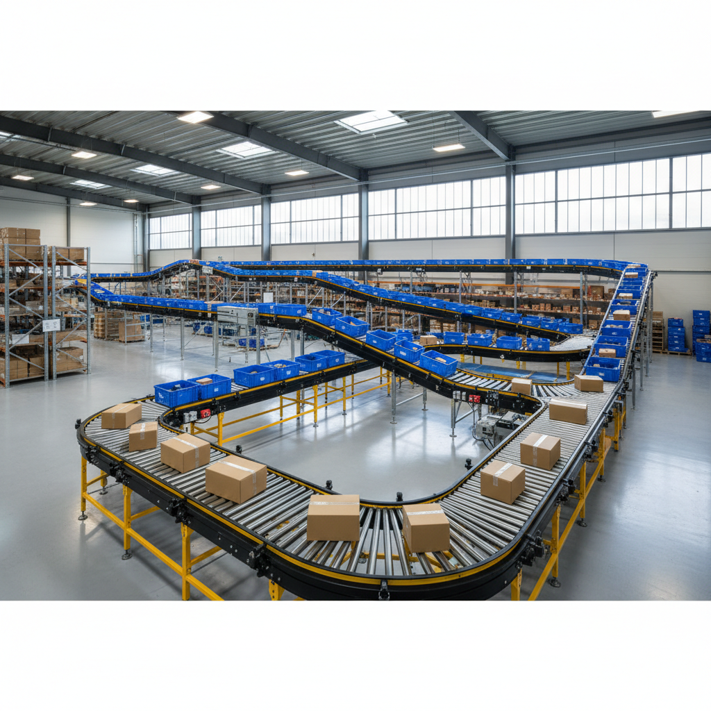 Een modern hybride transportsysteem in een Benelux magazijn, dat zowel modulaire als traditionele transportbanden samenw