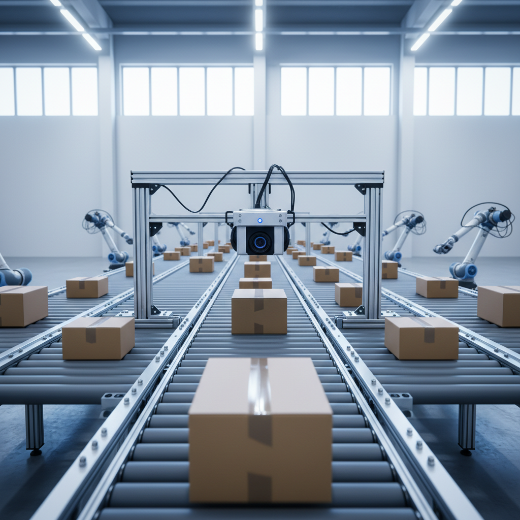 Een machinevisiecamerasysteem inspecteert pakketten op een snel bewegende transportband in een modern distributiecentrum