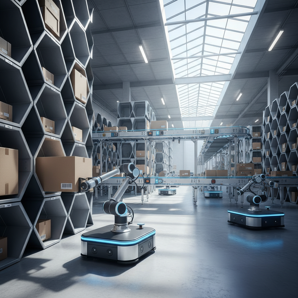A modular robotic arm on an AMR autonomously picking a package in a modern European distribution center with flexible conveyor systems.