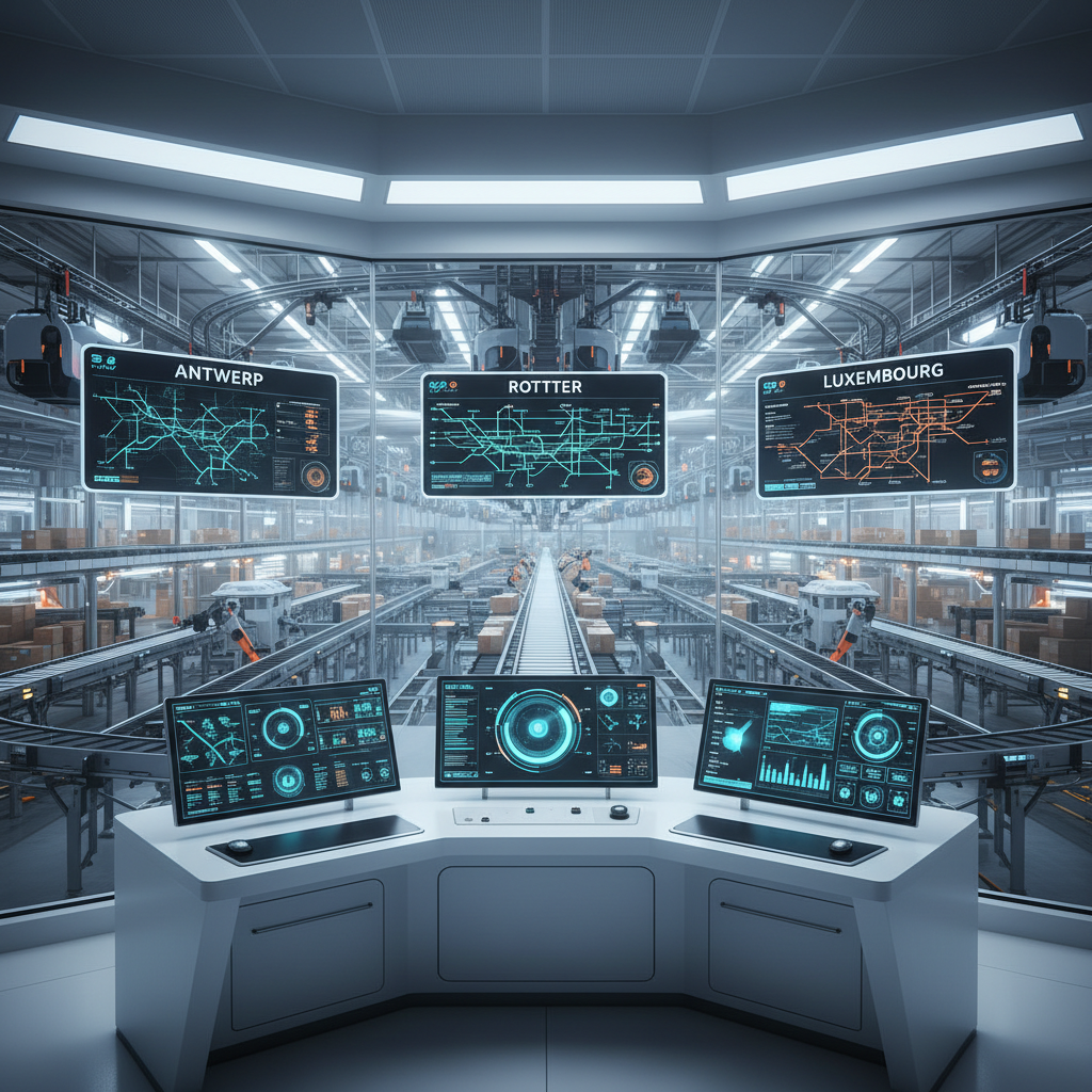 Een centrale controlekamer die data dashboards toont voor een multi-site transportband netwerk in de Benelux-regio.