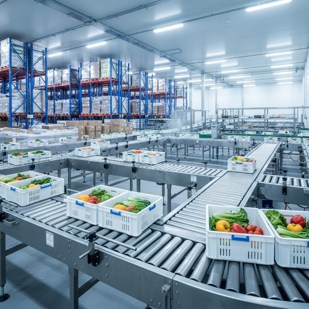 Een modulair bandtransportbandsysteem van roestvrij staal dat werkt in een schone, gekoelde magazijnomgeving en goederen