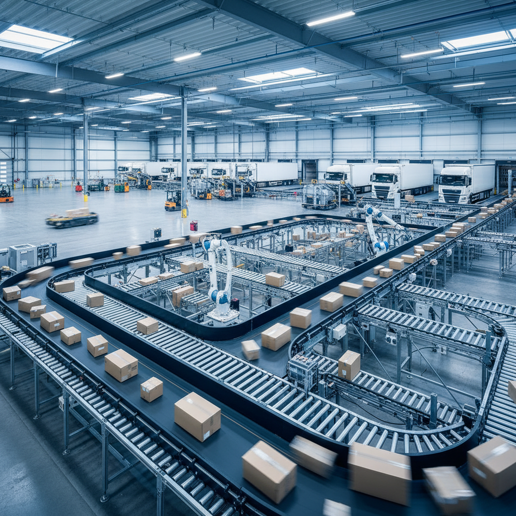 Geautomatiseerde transportsystemen die pakketten sorteren in een moderne Benelux cross-dockingfaciliteit.