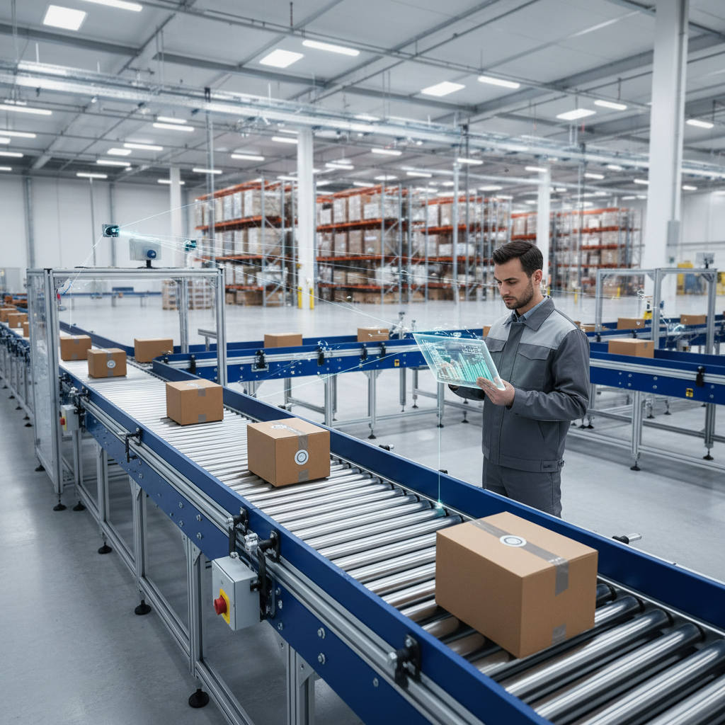 Een modern transportsysteem in een magazijn in de Benelux met datalijnen die de koppeling tussen PLC's en een IIoT-platform visualiseren.