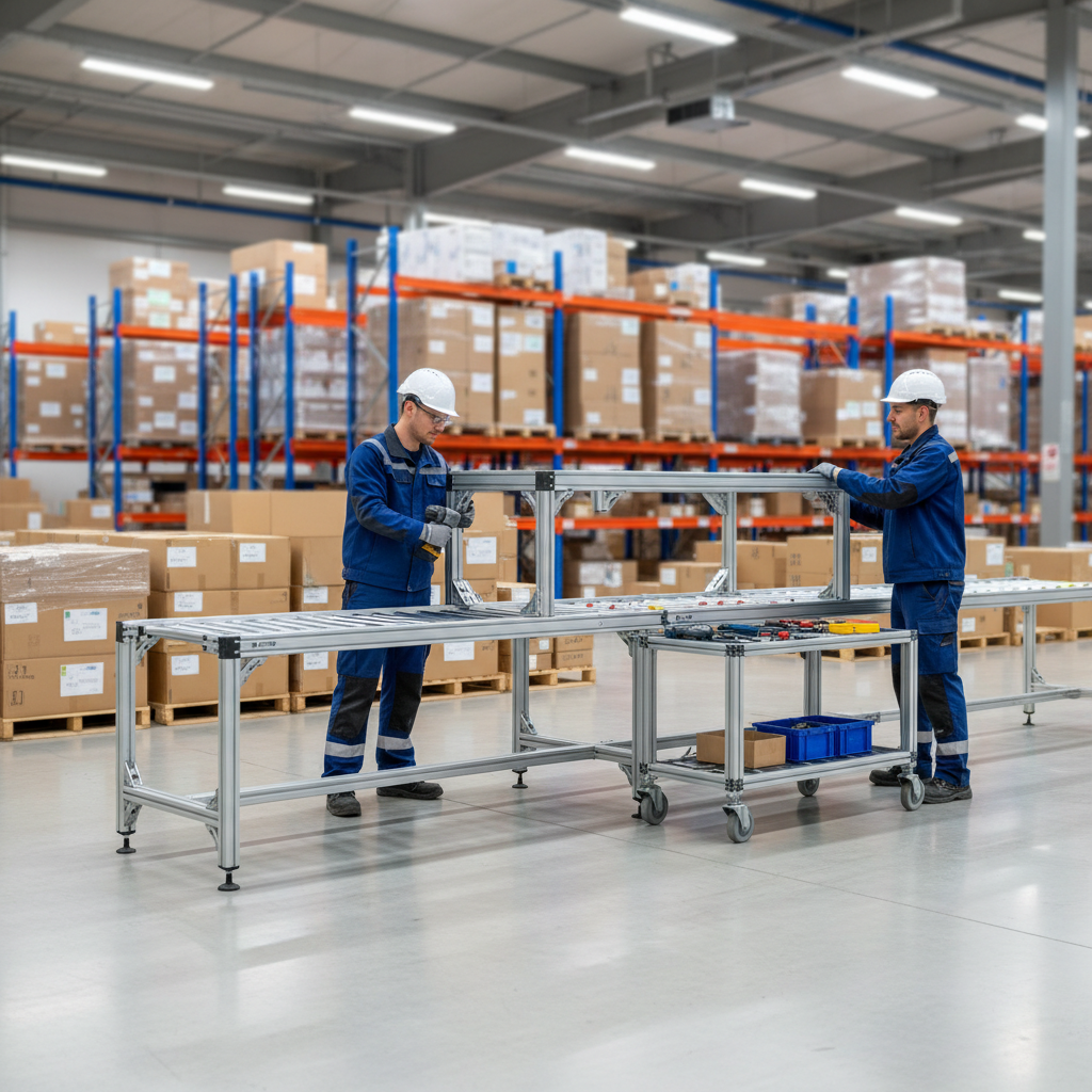 Monteurs die een modulaire snel te installeren rollenbaan monteren in een modern Benelux-magazijn.