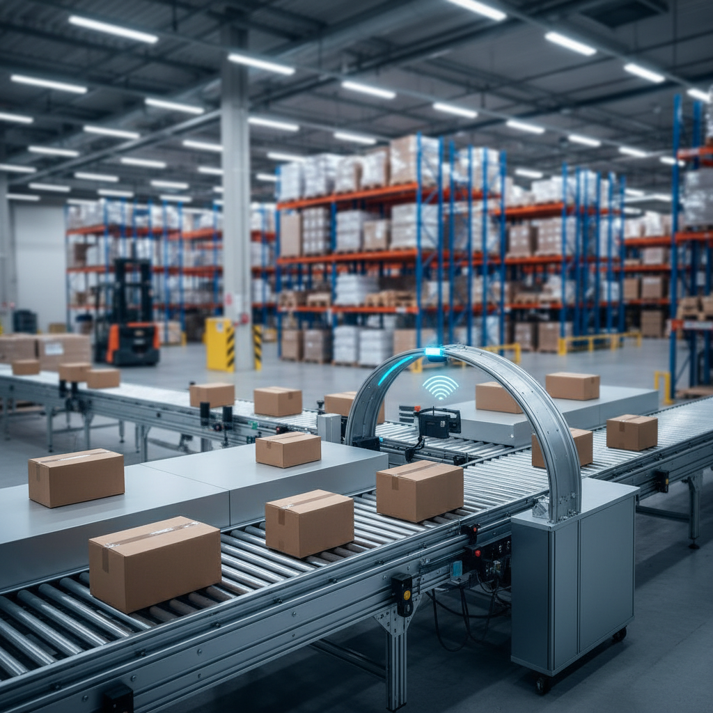 Een RFID-lezer geïntegreerd boven een rollenbaansysteem dat dozen scant in een modern Benelux-magazijn.