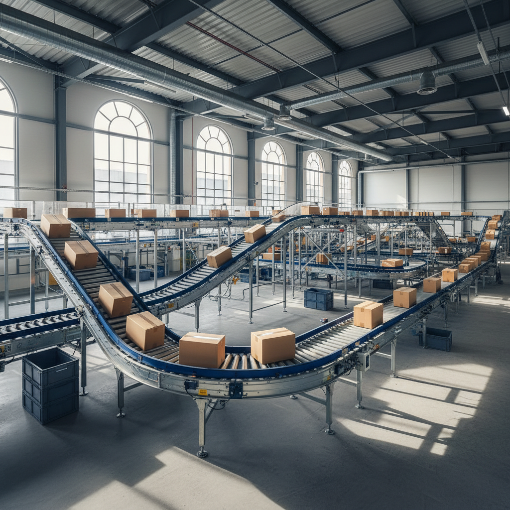 Een modulair transportsysteem dat efficiënt kartonnen verpakkingen verplaatst door een helder verlicht, modern Benelux m