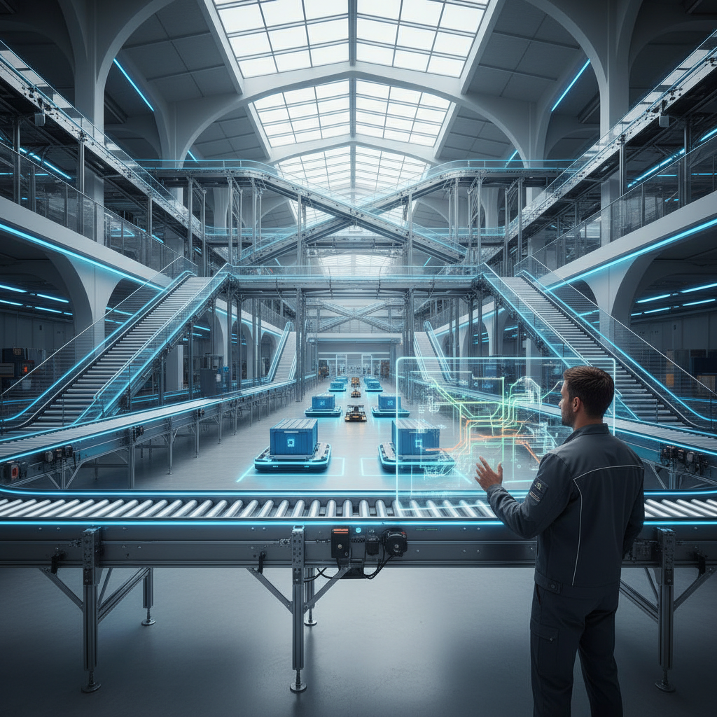 AI-geoptimaliseerde transportbandroutes weergegeven op een digitaal tweelingscherm in een modern Europees distributiecen