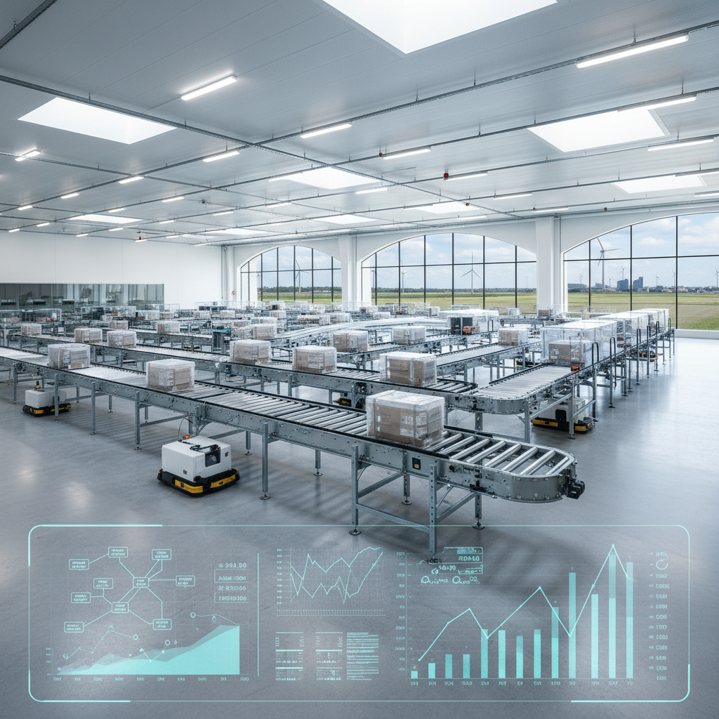 An AI-powered Warehouse Control System managing a complex conveyor network in a modern Benelux distribution center.