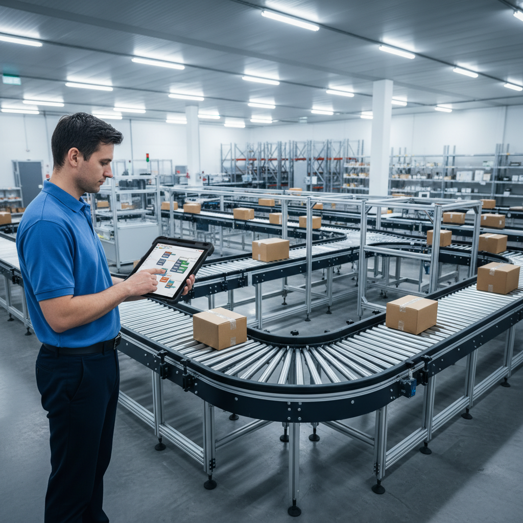 Een ingenieur die een tablet met een low-code interface gebruikt om een modulair transportsysteem in een modern magazijn
