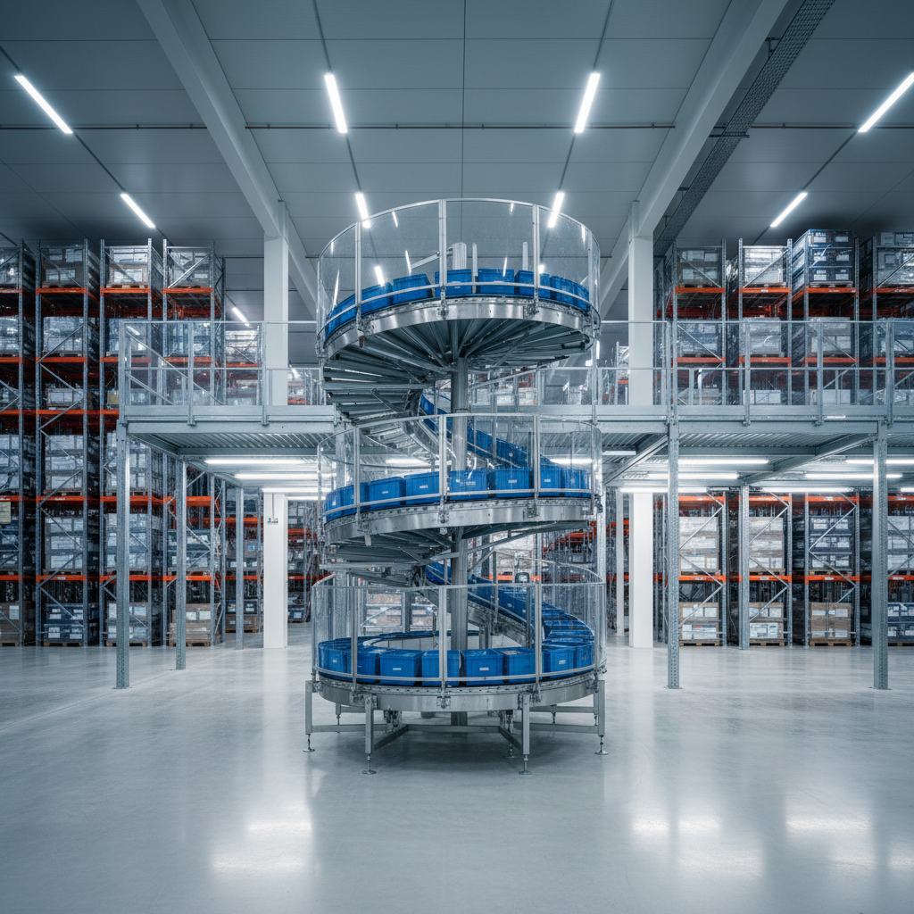 Een spiraal verticaal transportsysteem dat efficiënt blauwe bakken naar een entresol in een modern Benelux distributiece