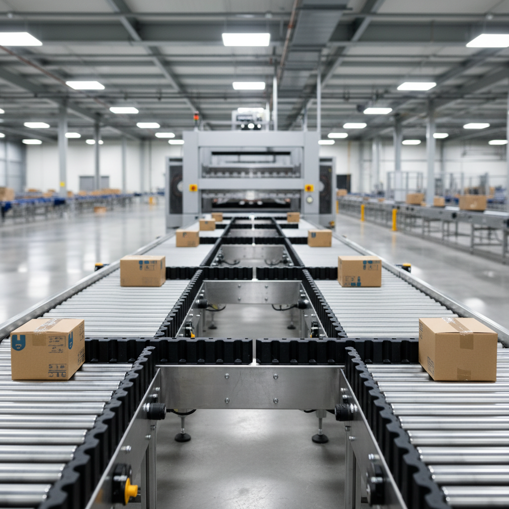Een nuldruk accumulatie transportsysteem met perfect geplaatste pakketten in een modern Benelux magazijn, dat schade-vri